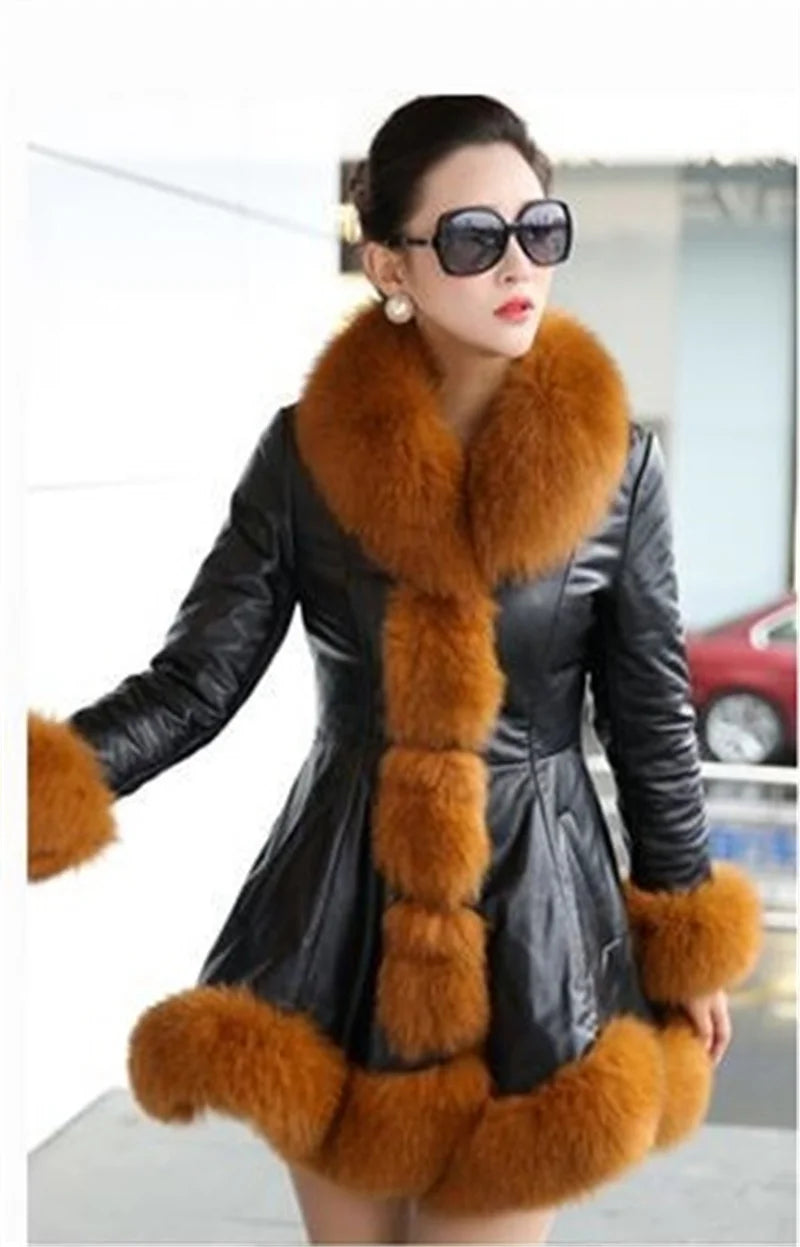 Size 6XL Women's Clothing Autumn Winter Imitation Fox Fur Big Fur Collar Thick Warm Female's Leather Jacket Slim Fur Coat