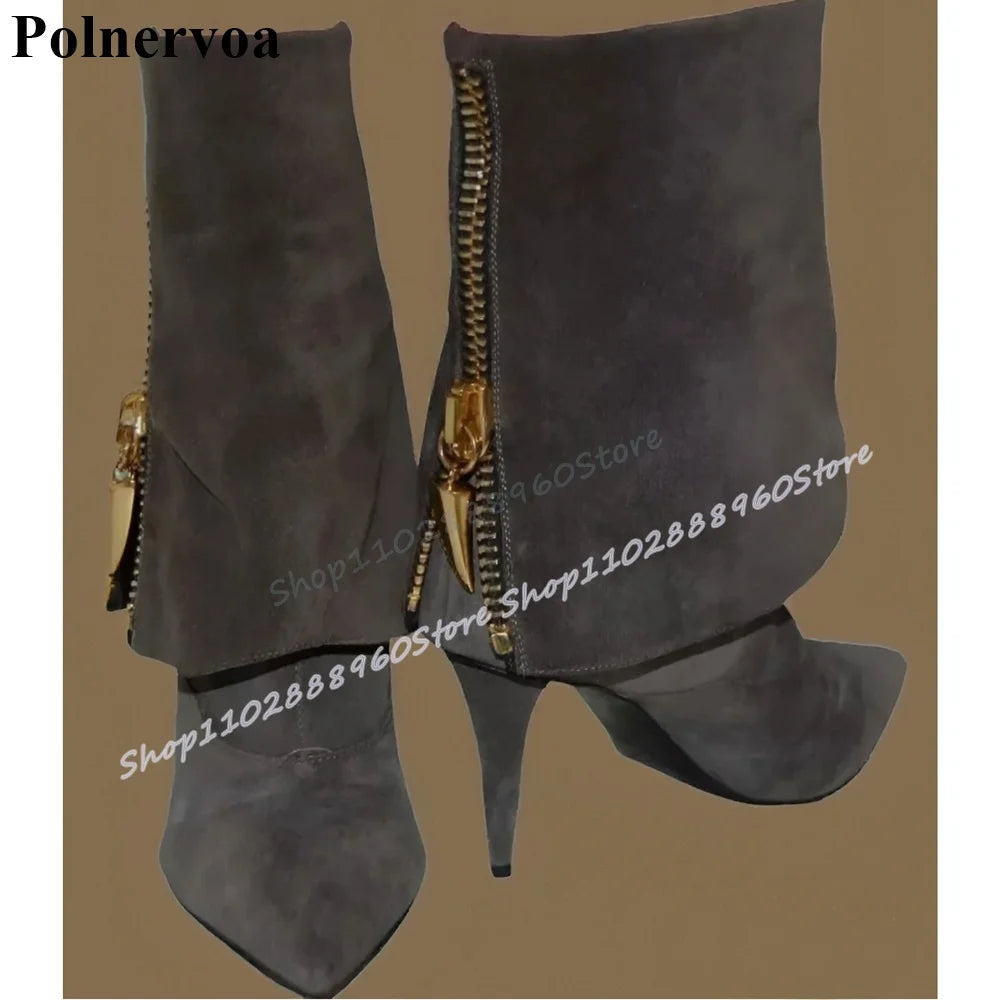 Gray Mid Calf Fold Over Metal Zipper Pointy Boots Suede Thin High Heel Shoes For Women Pointed Toe Trending Zapatos Para Mujere