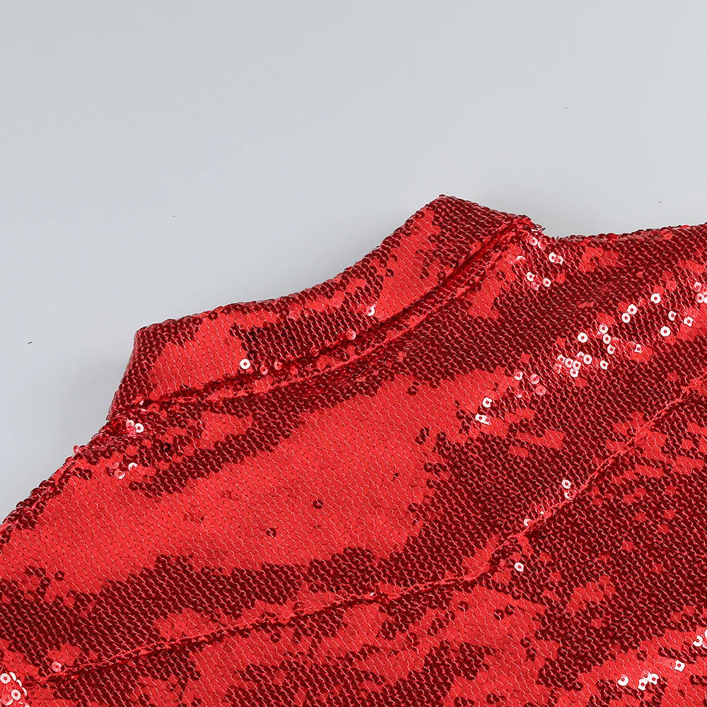 New Style Women Celebrity Lapel Fashion Sequined Long-sleeved Top Slim Sexy Slit Skirt Two-piece Elegant Urban Women's Wear