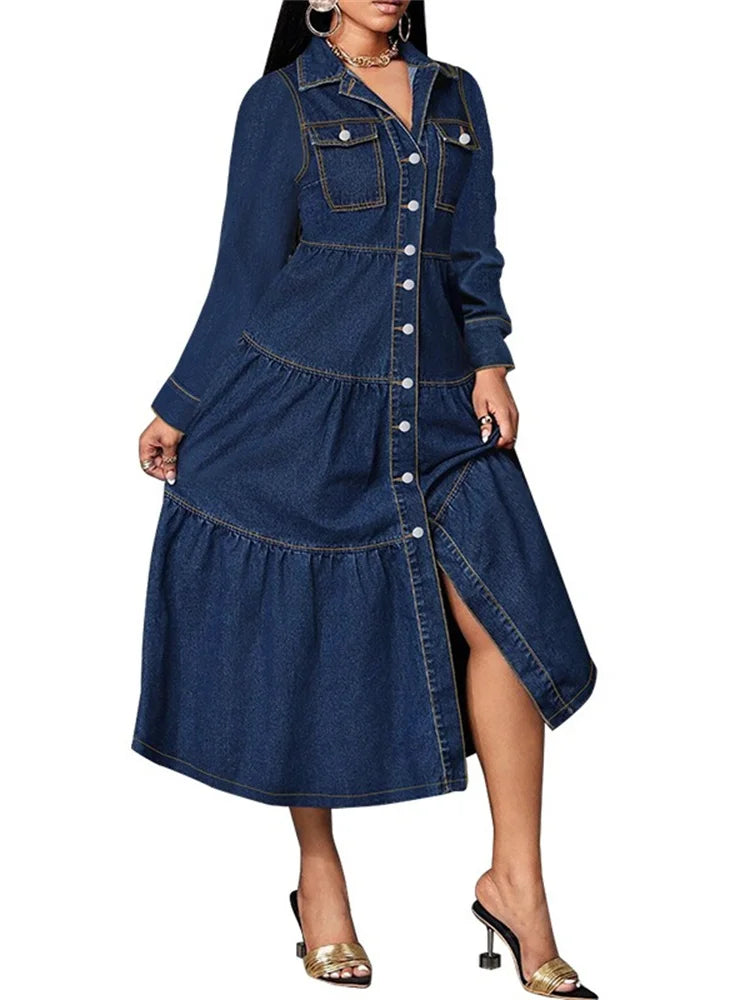 Wmstar Denim Dress Women Casual Button Cardigan Long Sleeve Dresses Fashion Streetwear New Spring Clothes Wholesale Dropshipping