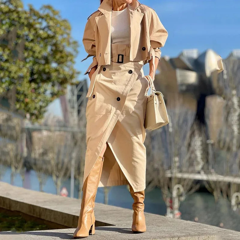 Two Piece Set Women Dress Sets Belt Midi Skirts Cardigan Coats Suits A Line Loose Fit Casual Frock Skirt Office Lady Spring