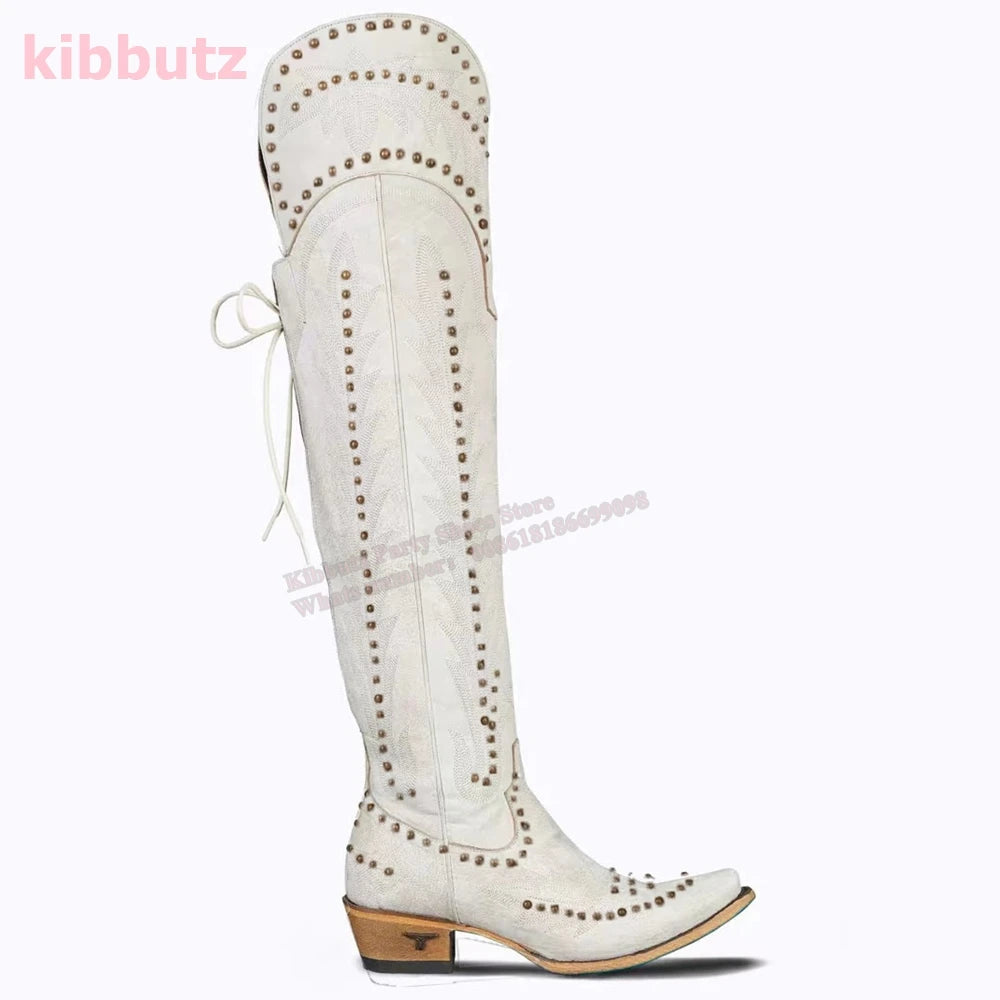 Rivet Cowboy Vintage Boots Over The Knee High Embroidery Lace-Up Luxury Leather Pointed Toe Chunky Heels Fashion Concise Shoes