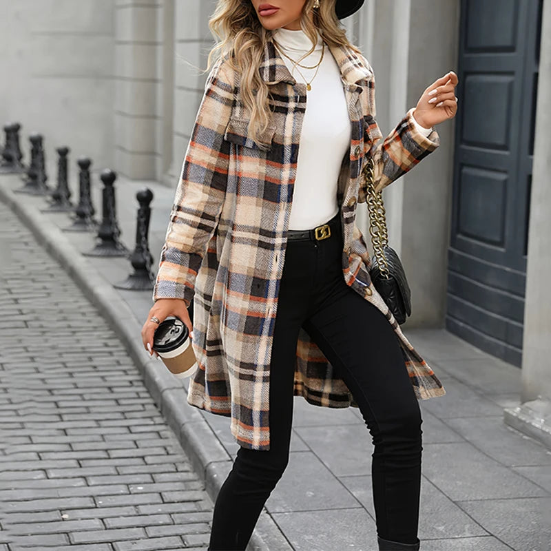 Flannel Plush Warm Plaid Jacket Women's Medium-length Winter New Style Korean Version Loose-fit Long Jacket Warm Long Sleeve