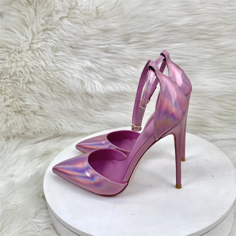 Sexy Lady 12cm High Heel Sandals Pointed Toe Purple Pink Bright Buckle Sandals for Women plus Size 45