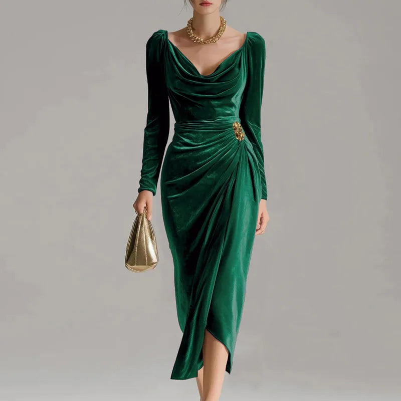 Elegant Velvet Draped Square Neck Long Sleeve A-Line Dress for Women