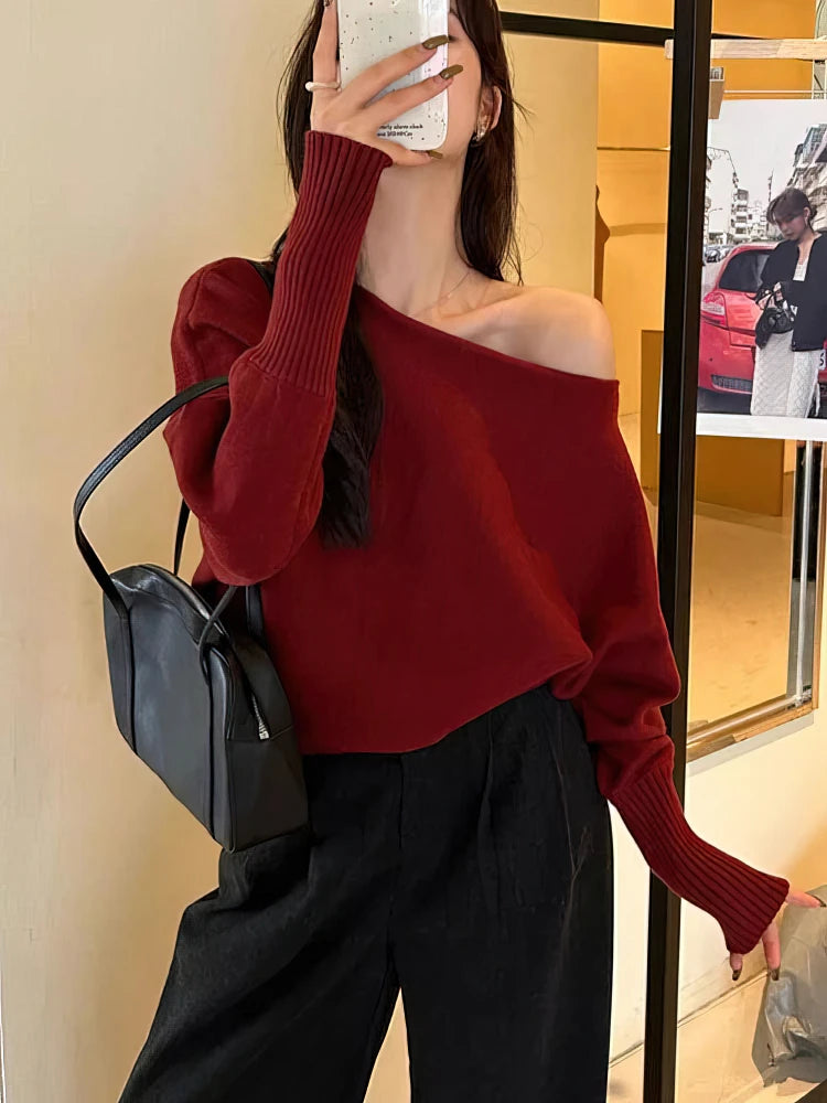 Batwing Long sleeve Knitted Pullover Women Solid color Off shoulder Top Korean Fashion Sweater Loose Casual Autumn Outwear Pull