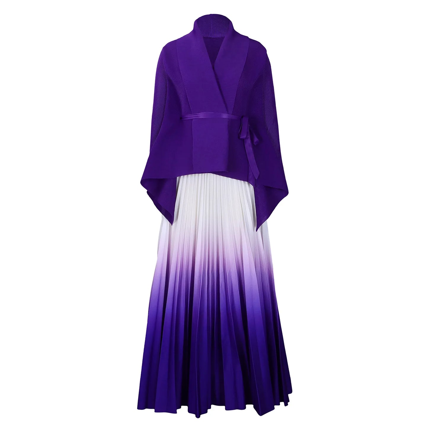 CM.YAYA Gradient Women's Set Full Sleeve Belt Blouse Shirt +Pleated Long Skirts Suit Street Two 2 Piece Set Outfit Tracksuit