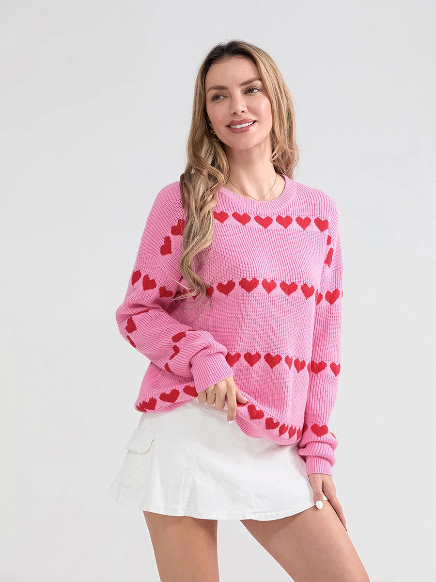 Women Valentine's Day Knit Sweater Heart Print Long Sleeve Round Neck Pullovers Fall Winter Casual Loose Knitted Jumpers Tops
