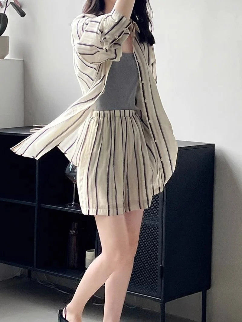 Striped Shirt Shorts And Suits Sun Protection cClothing Casual Sports Suit Women's Summer Fashion Shorts Two-Piece Set Female