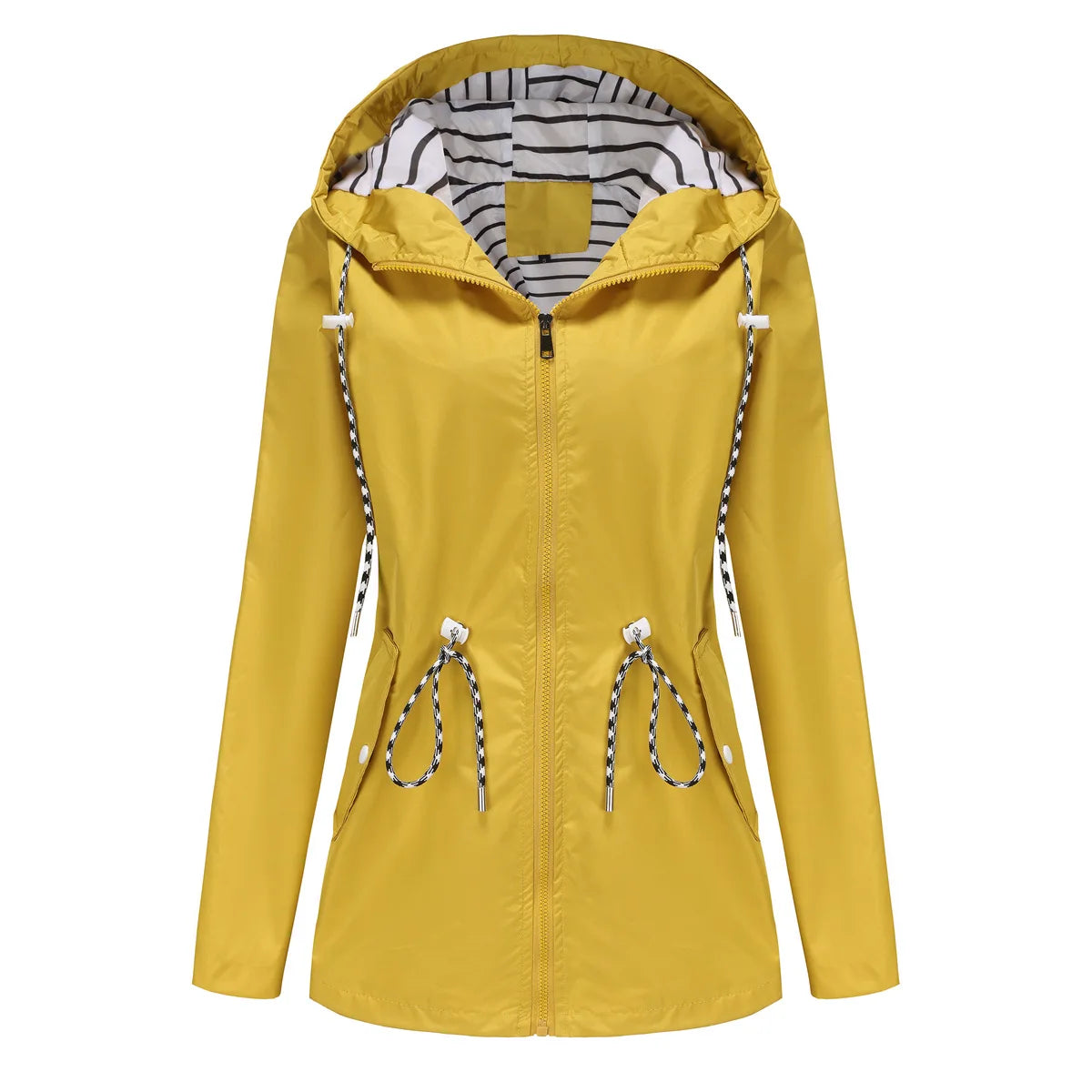 Women Outdoor Windbreaker Casual Loose Hooded Waterproof Raincoat Long Sleeve Solid Color Mid-length Zipper Hiking Jackets