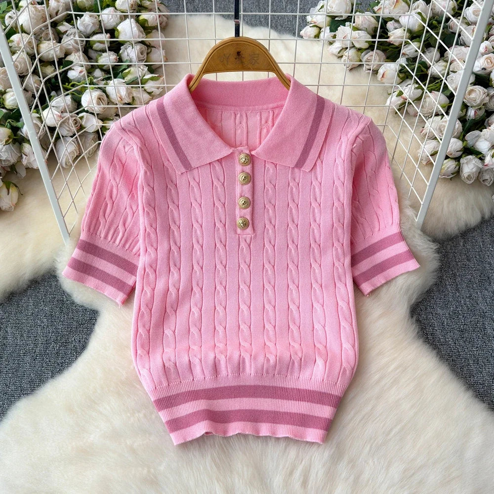 TWOTWINSTYLE Sweet Style Two Piece Set For Women Lapel Short Sleeve Tops High Waist Spliced Folds Skirt Sets Female KSE524900