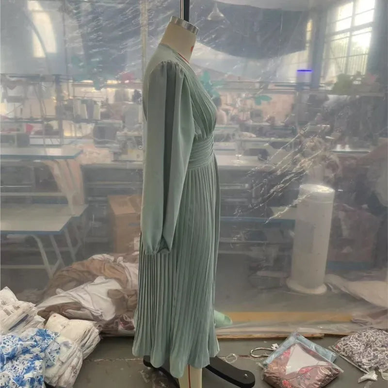 Luxury Dinner Evening Long Dress 2025 Spring Women Club Party Dress Pleated Elegant Dress Female Solid V Neck Clothing
