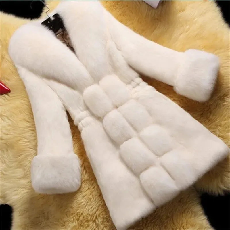 Vintage 2024 New Autumn Winter Female Mid-Long Fleece Overcoat Faux Fur Fox Fur Collar Mink Fur Coat Thicken Elegant 408