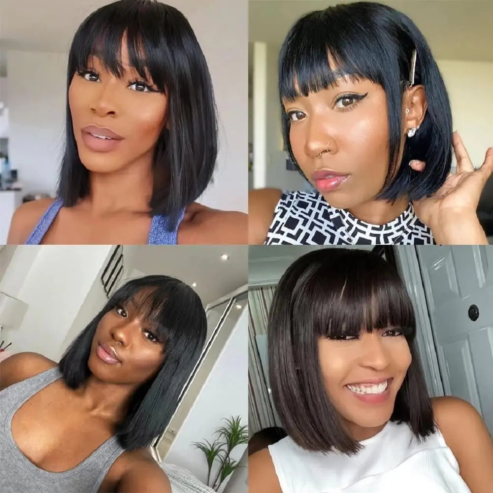 Human Hair Short Bob Wigs With Bangs Straight Hair Fringe Bob Wig for Women #4 Chocolate Brown #99j Dark Red Full Machine Wigs