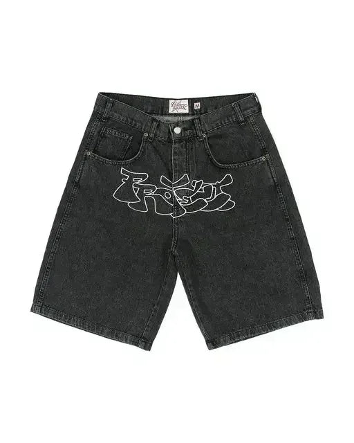 Streetwear Vintage Cross Rhinestone Sequin Denim Shorts Y2K Mens Womens Vintage Washed Baggy Casual Shorts Over The Knee Pants