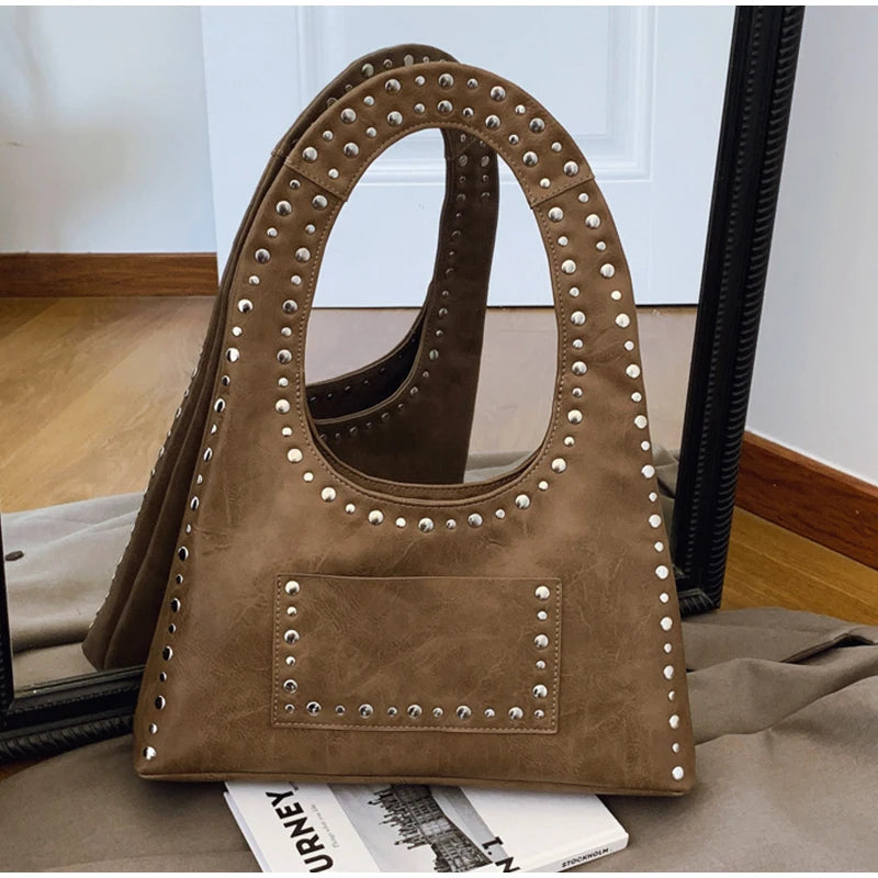 New Rivet Series Bucket Bag Motorcycle Texture Trendy Handbag Tortoise Shell Sequins Versatile Simple Fashion Soft Bag Lady Bag