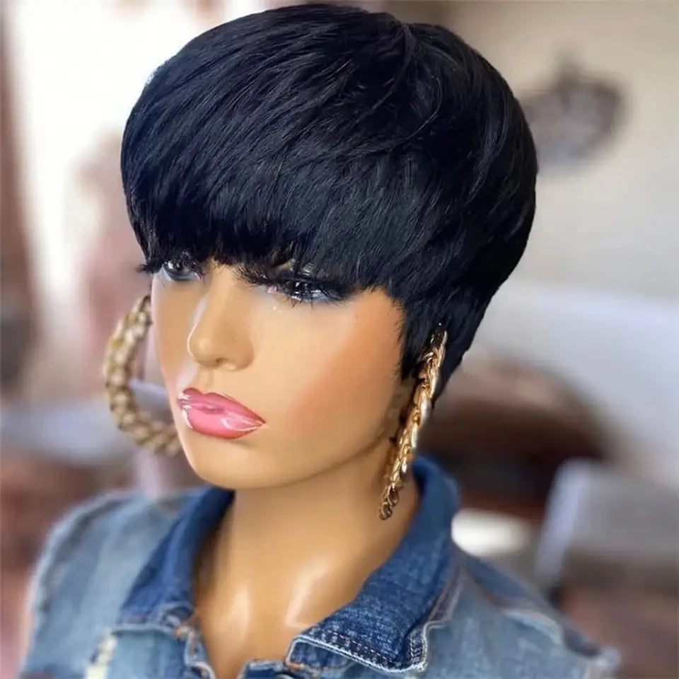613 Honey Blonde Straight Short Pixie Bob Cut Wig With Bangs Indian Human Hair Full Machine Wig For Black Women