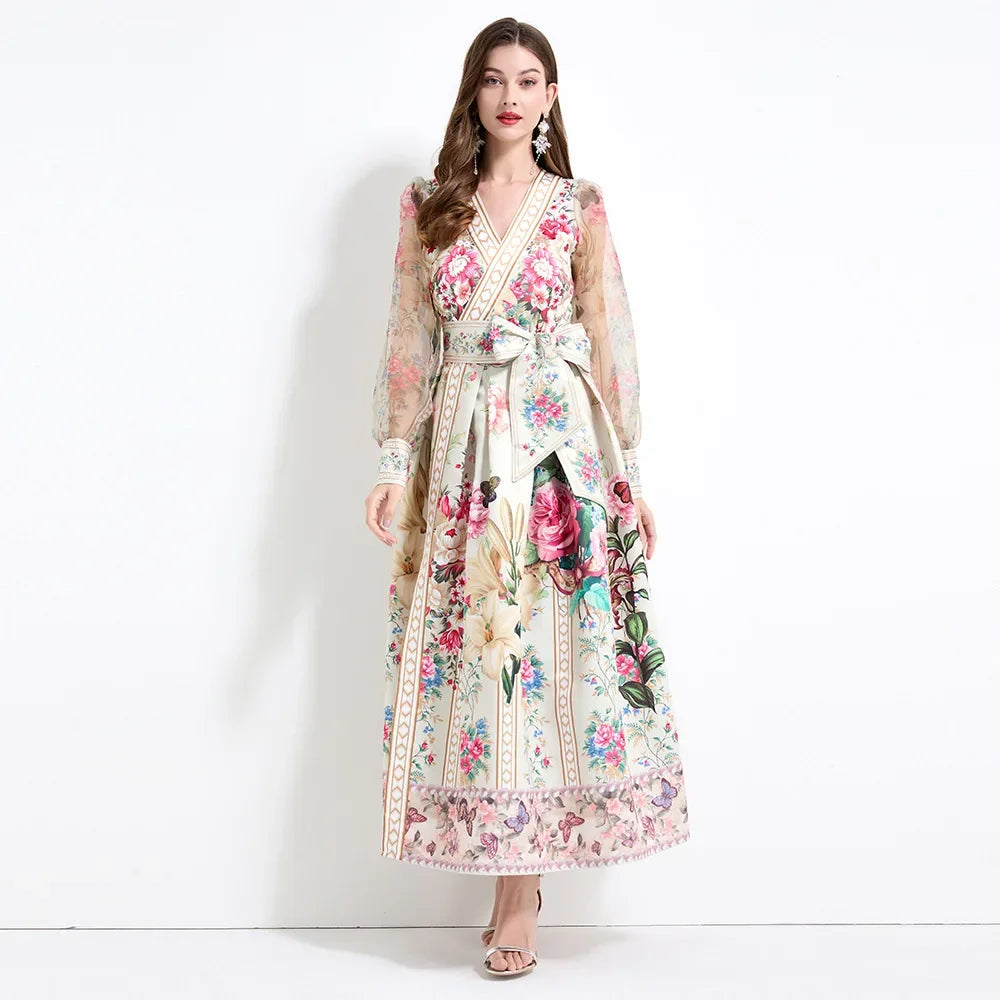 Retro Court Style V-Neck Lace Lantern Sleeve Belted Waist Design Large Print Dress Floral Print Women's Dress Fashionable Gown