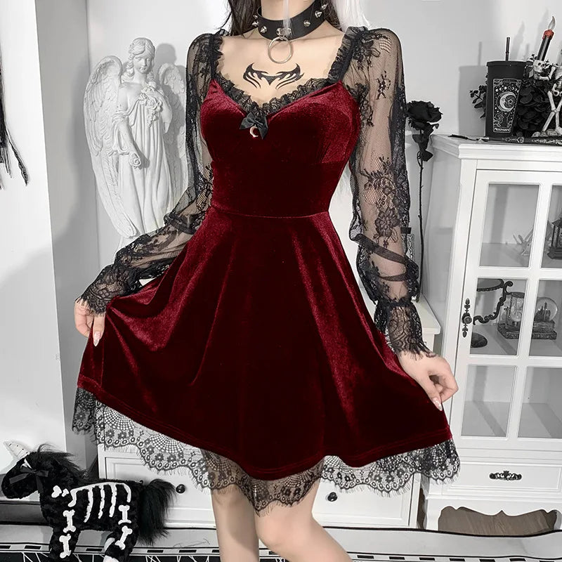 Y2K Hollow Cuffs Strapless Sexy Gothic Lace Dress Dark Style Pleated Knee-length Skirt Women‘s Slim Fit Fashion Women's Clothing
