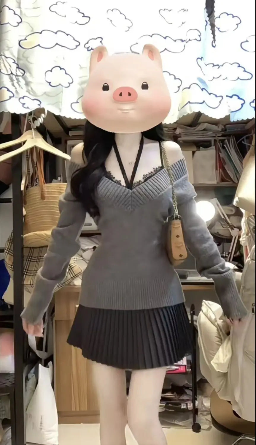 2025 New Spring and Autumn New Chinese Style Chest Show Big and Thin Top V-neck Sweater+Lace Inner+Short Skirt 3-Piece Set