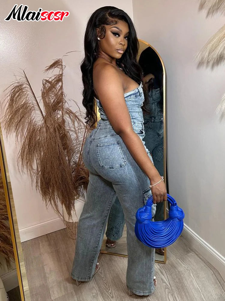 Mlaiscsr Cross Embroidery Pockets Stretch Denim Jumpsuits Women Sleeveless Off Shoulder Boyfriend Rompsers Blue Cargo Overalls