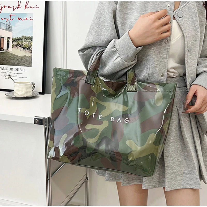 Leaf Print Handbag Pvc Fashion Transparent Waterproof Fashion High-end Shoulder Bag Large Capacity Commuter Tote Bag Shop Bag