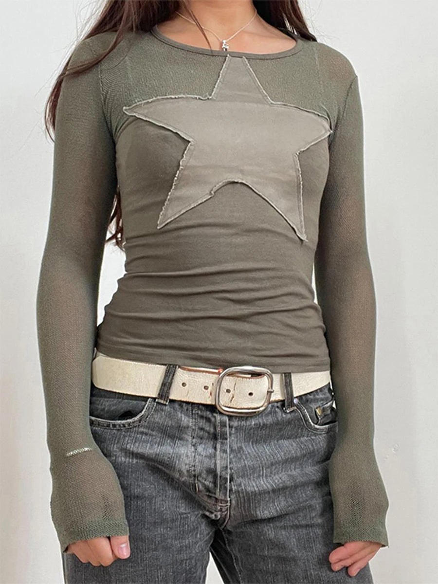 Women'S Basic T-Shirt Star Shaped Sticker Top Slim Fit Round Neck Long Sleeved T-Shirt Autumn Retro Casual Street Wear top