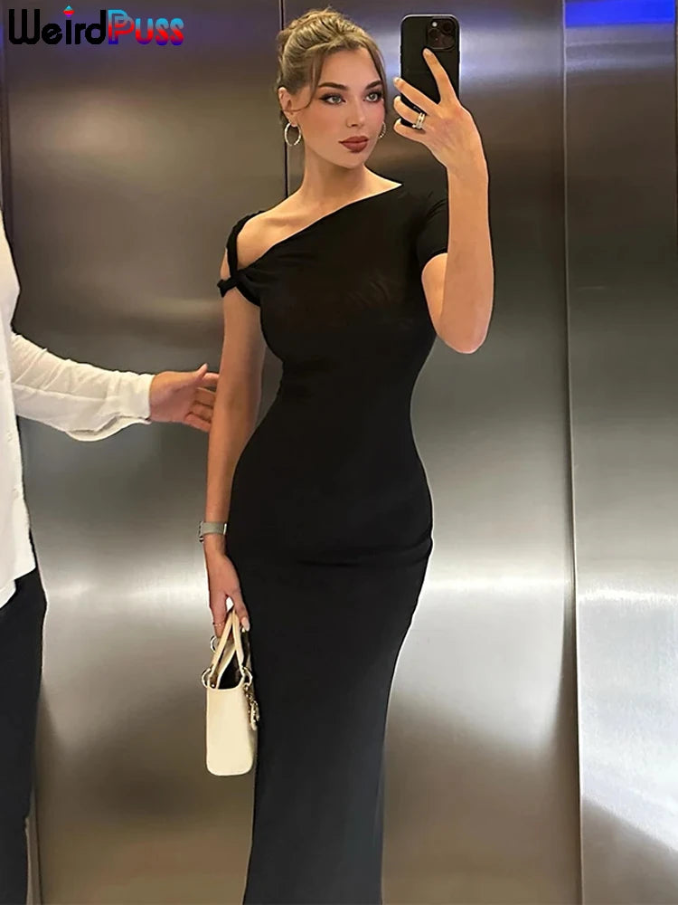 Weird Puss Bandage Dress Woman Summer Sexy Irregular Solid Sheath Chic Stretch Body-Shape Smooth Birthday Party Elegant Bodycon