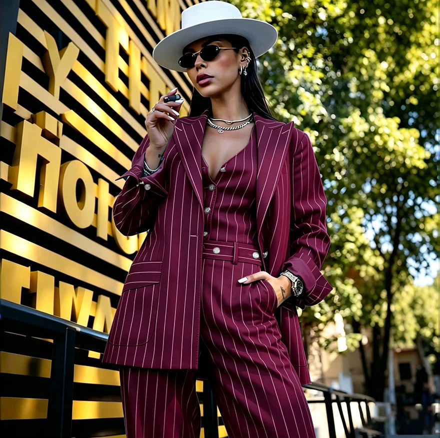 Slim Fit Green Pinstripe Three Piece Suit for Women
