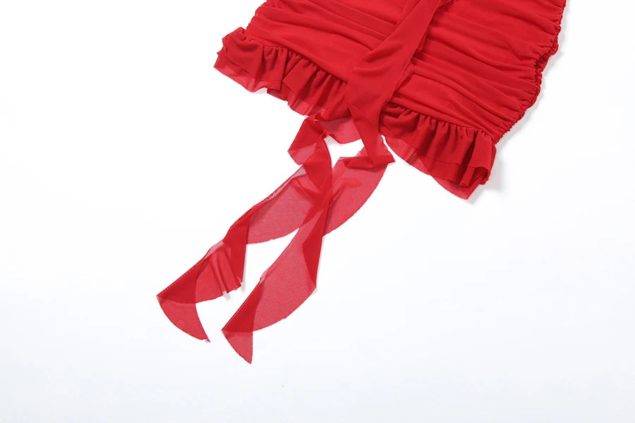 Sylcue Spring New Sweet Gentle Red Sexy Confident High Street Mature Beautiful Cool Women'S Short Ruffled Halter Dress