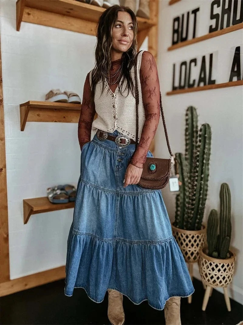 Bohemia Maxi Long Skirts Women Spring Summer Elastic High Waist Jean Skirt Ladies Vintage A-Line Ruffle Pleated Denim Skirts