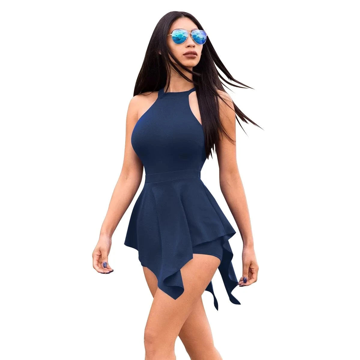 Blue Ruched Casual Playsuit Sexy Women O-neck Bodycon Backless Club Romper Overalls