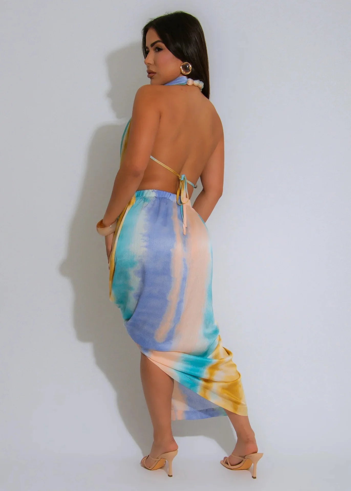 CM.YAYA Women Tie Dye Printed Sleeveless Halter Neck High Side Split Maxi Dress Summer Evening Sexy Night Party Dresses Vestidos