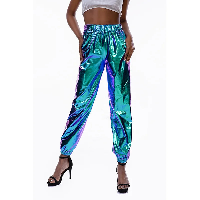 Shiny Glittery Street Hip-hop Party Sparkly Long Pants Loose Casual Sports Trousers Green Gold Silver Black Optional for Women