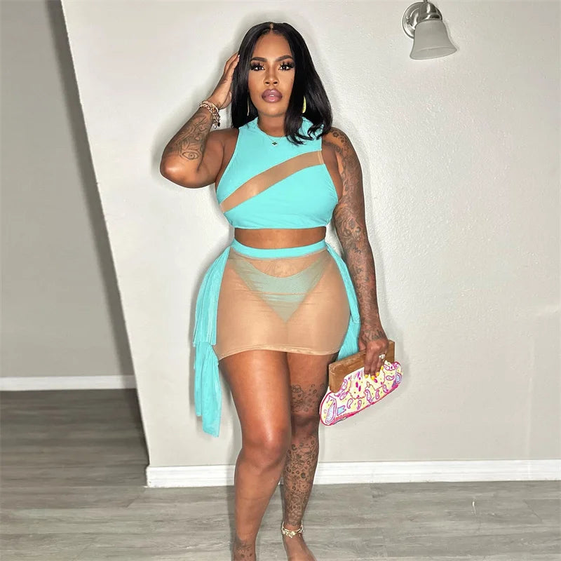 Sexy Mesh See-through Patchwork 2 Piece Sets Women Outfit Festival Clothing Tank Crop Top and Mini Skirt Set Night Club Outfits