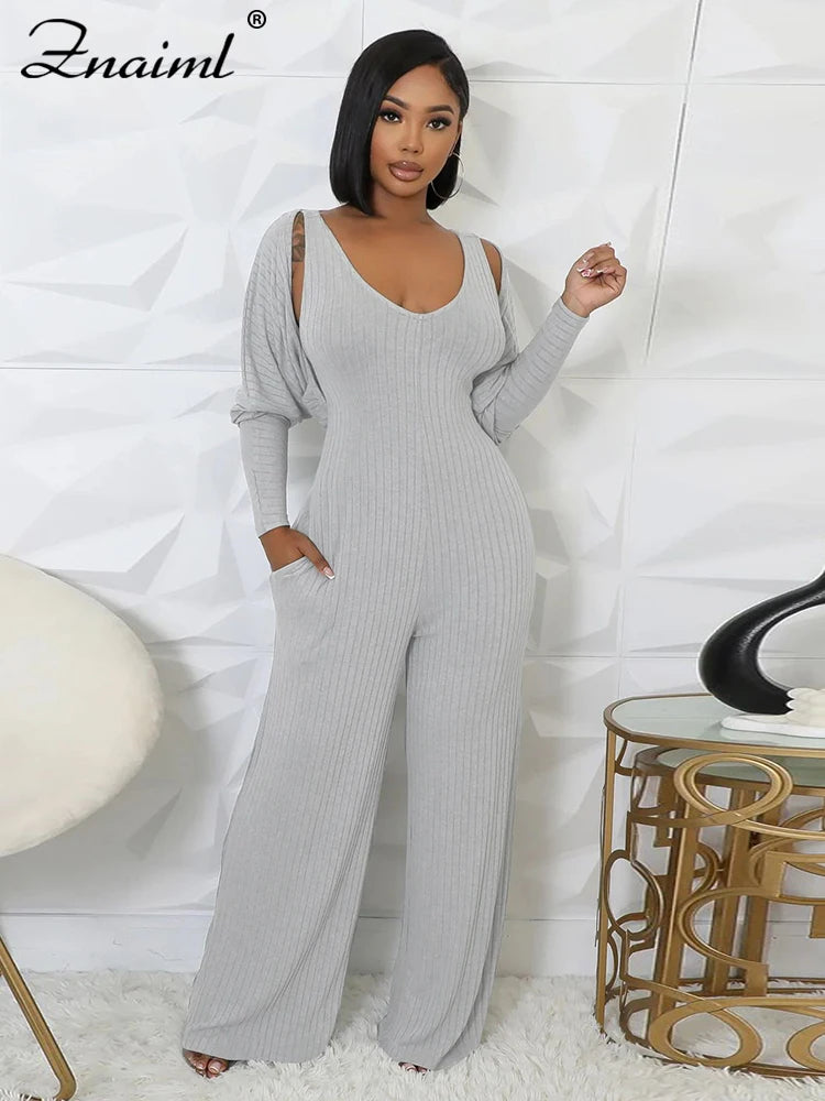 Znaiml Blue Knitted Ribber Wide Leg Pants Jumpsuits and Crop Coat Tops Two 2 Piece Women Sets Autumn Streetwear Birthday Outfits