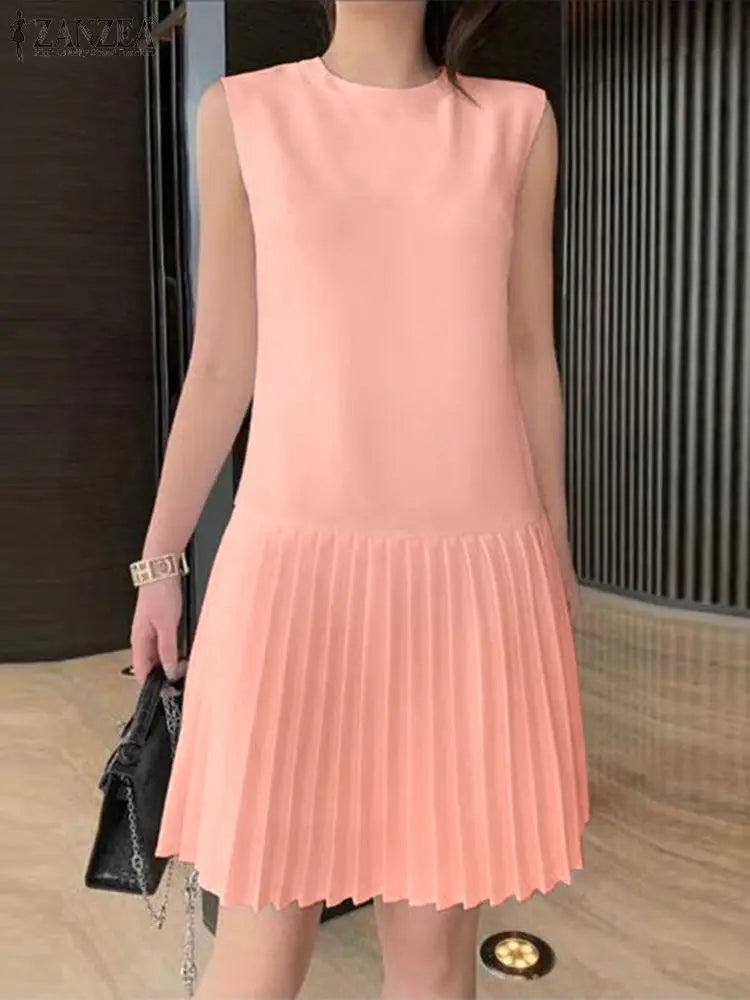 ZANZEA Summer Women Sleeveless Mini Dress 2024 Elegant Party Tank Vestidos Ladies Casual Solid Color Pleated Short Sundress