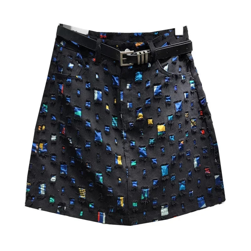 Design denim short skirt hip skirt a word 2024 new burned flower wear trend personalized niche women's clothing