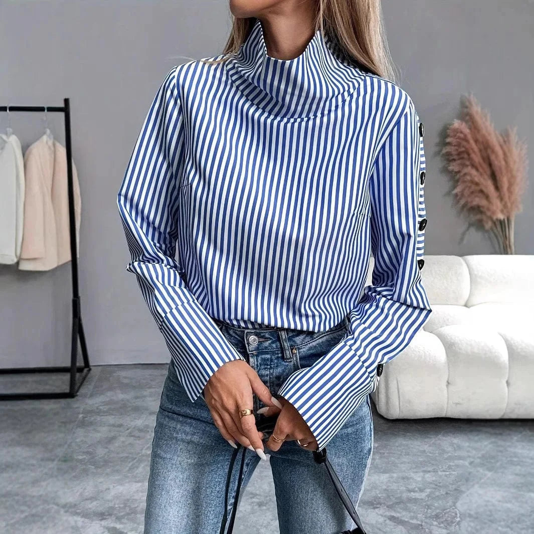 Spring Shirt New Stripe Long Sleeved Top For Women Elegant Office Lady Spliced buttons Pullover Woman Blouse 2025 Blusas