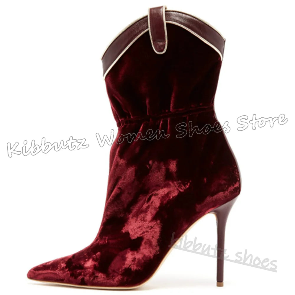 Ankle Modern Boots Velvet Solid Color Pleated Fashion Elegant Comfortable Sexy Luxury Women Shoes New Pointy Thin Heels Slip-On