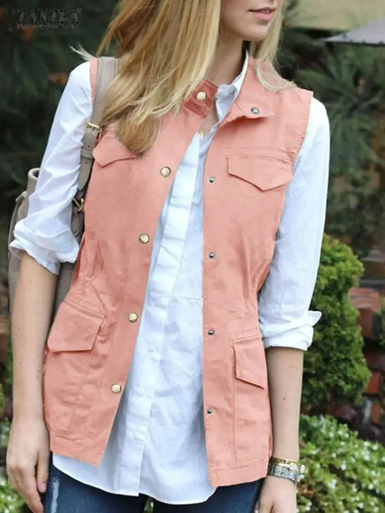 ZANZEA Women Sleeveless Waistcoat Korean Fashion Stand Collar Vest Casual Pockets Solid Tank Outwear 2024 Summer Waist Overalls