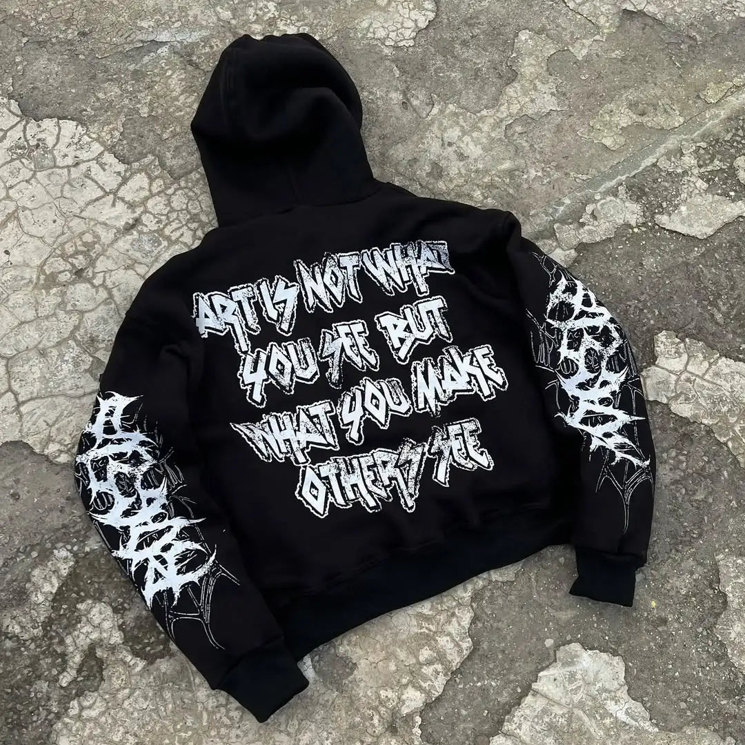 Retro Harajuku Black White Pixel Old Painting Style Faithful Figure Avatar Print Gothic Pattern Y2K Hoodie Men Loose Sports Top
