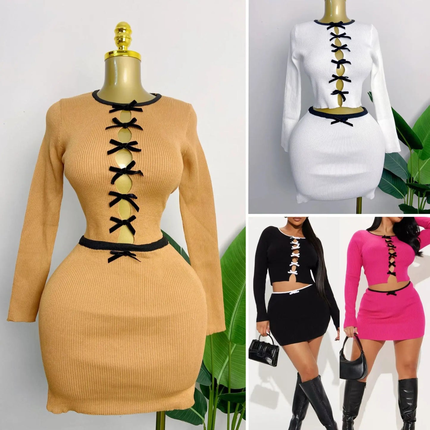 CM.YAYA Knit Ribbed Women's Set Long Sleeve Bowknot Tops and Mini Skirts 2025 Street Party Two 2 Piece Sets Outfits Tracksuits