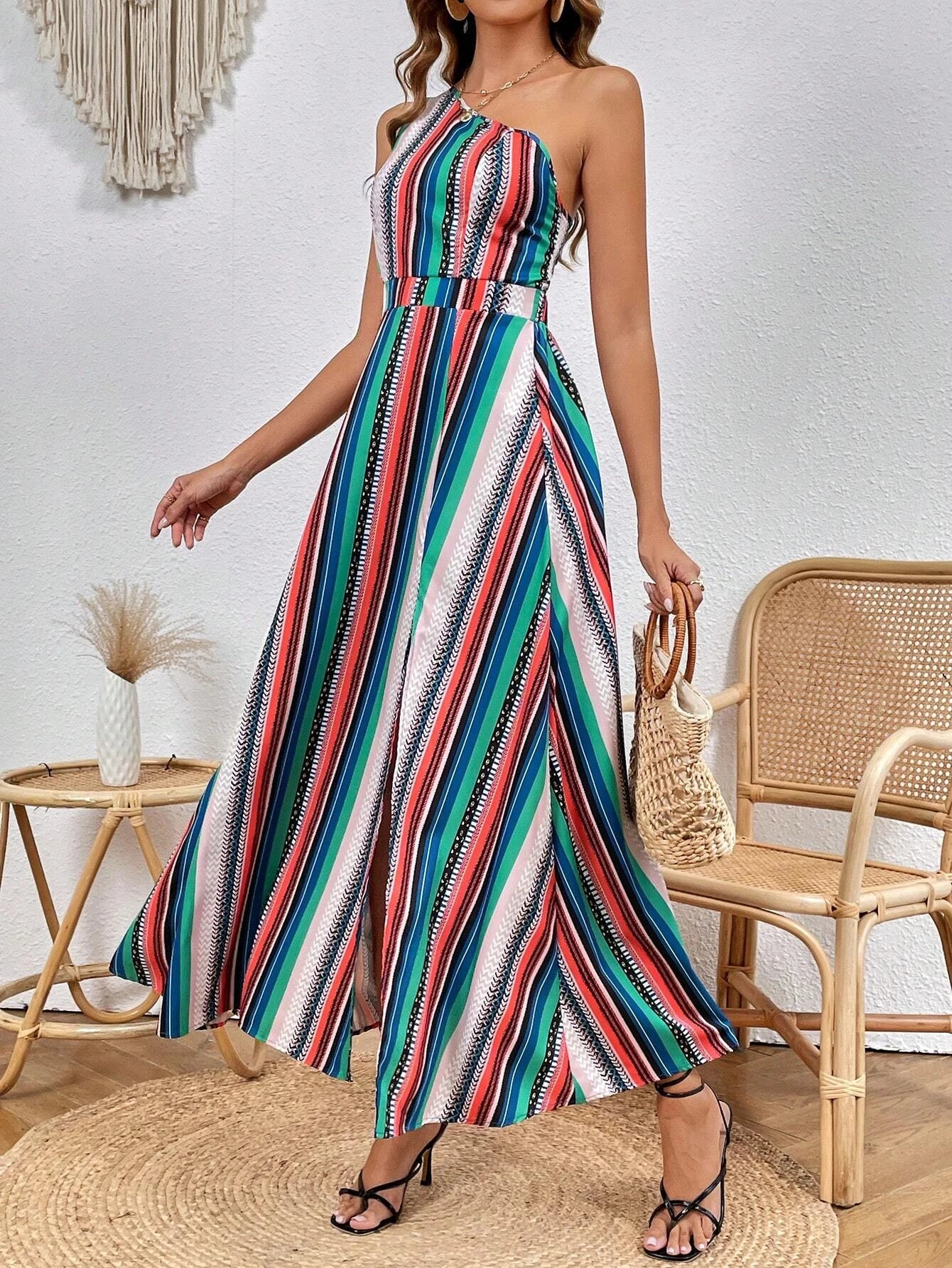 Striped Print One-Shoulder Dress Women Summer Sexy High Thigh Slit Bodycon Slim Fit Asymmetric Hem Vacation Beach Dress