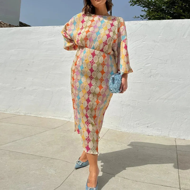 Elegant Printed Long Dress Women's Sleeveless V-neck Lantern Sleeve Midi Dress Cross-Border Fashion Casual Elegant Style