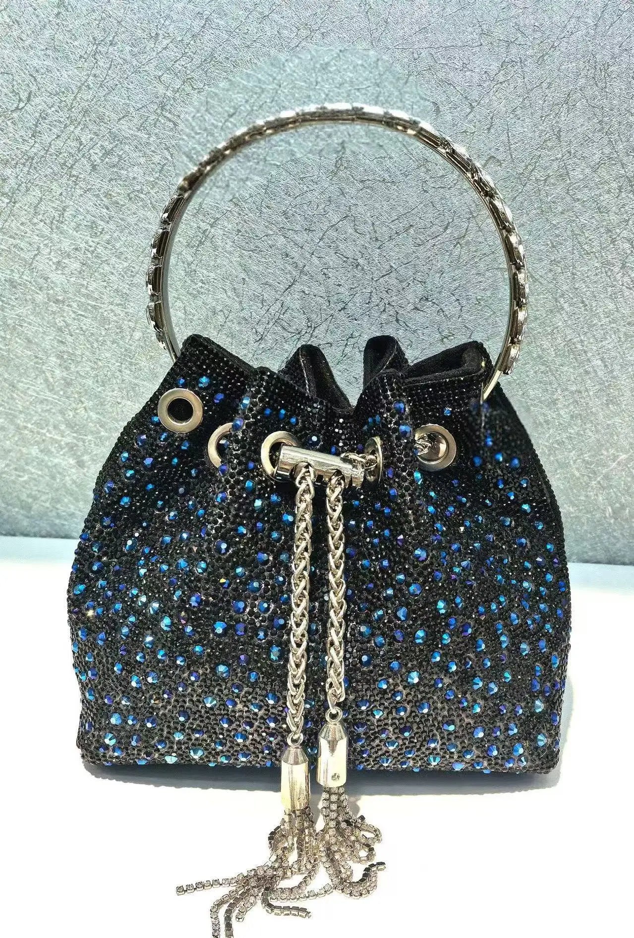 Crystal Shiny Diamonds Bucket Bag Fashion Women Handbag Metal Ring Handle Evening Bag Wedding Party Clutch Purse Crossbody Bag