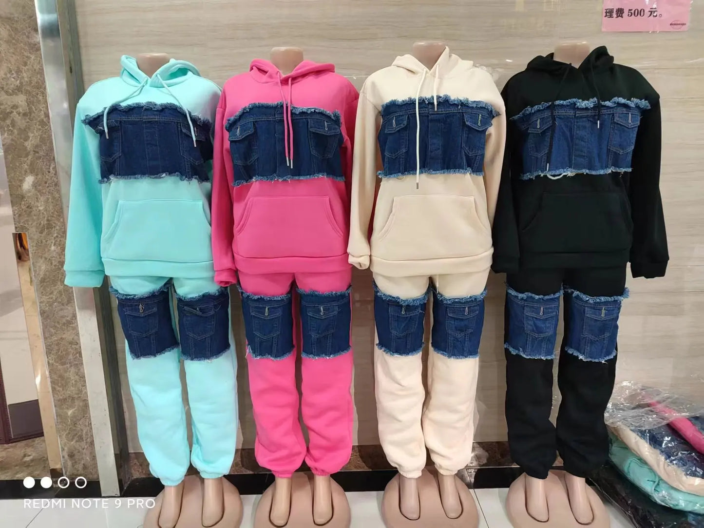 Pants Set Women Two Piece Sets Hooded Matching Sets Sweatshirts Long Pants High Waist Denim Splice Y2k Casual Jogger 2025