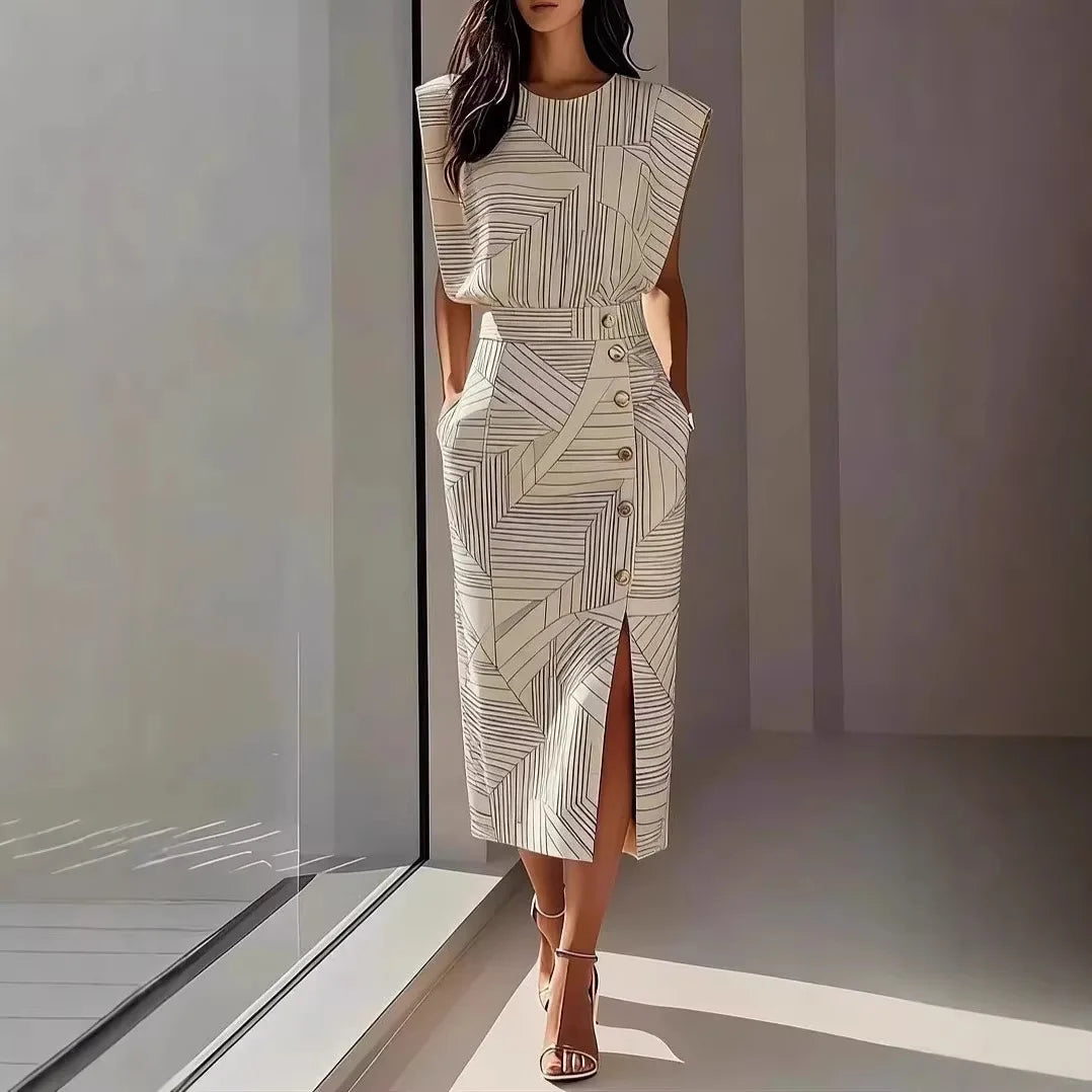 Elegant Print Sleeveless Vest Two Piece Skirt Set for Women