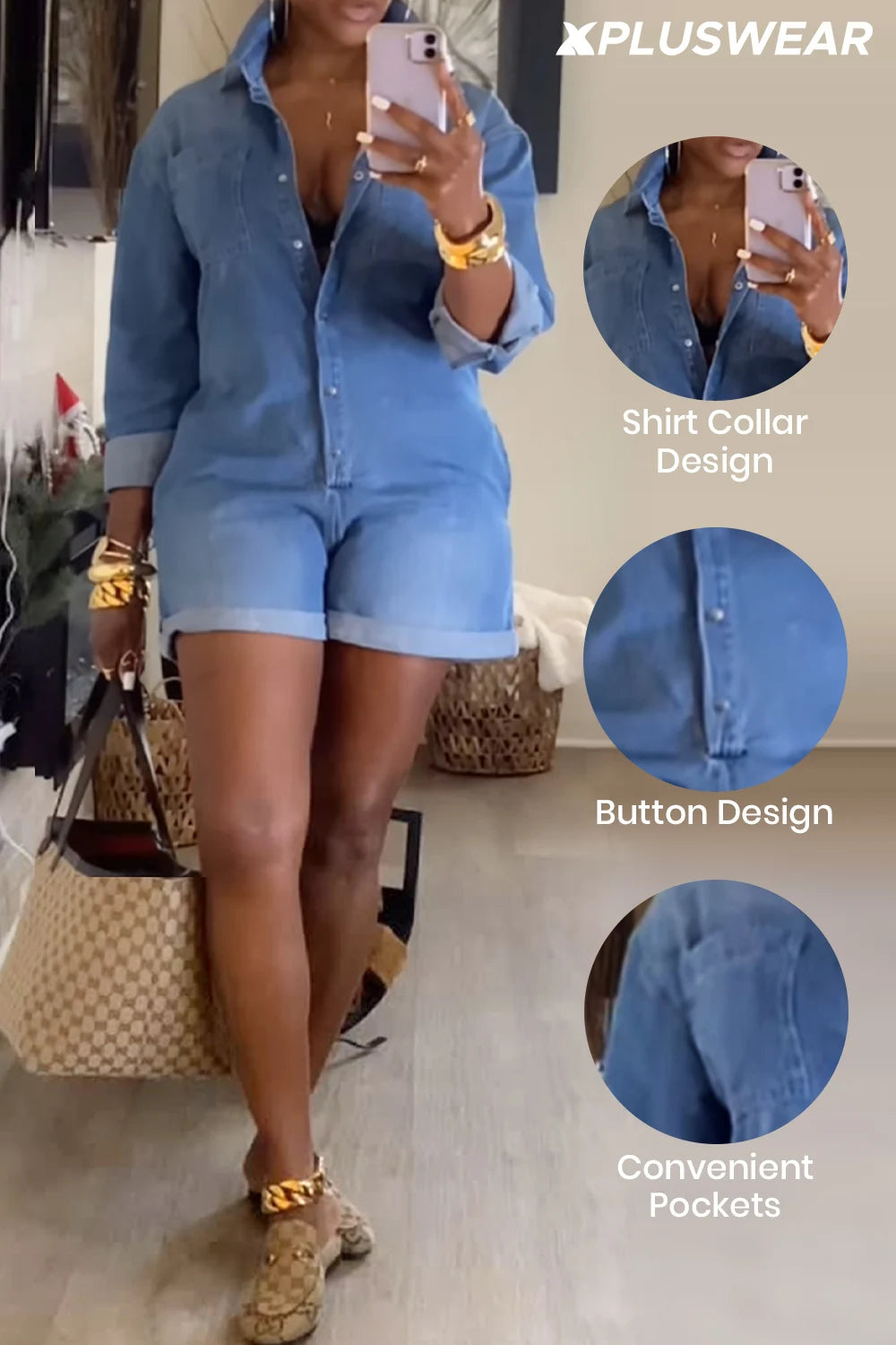 Plus Size Daily Blue Shirt Collar Short Sleeve Pocket Denim Rompers