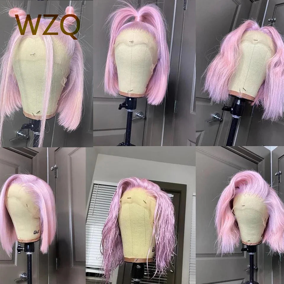 Mint Green Human Hair Wigs 613 Blonde Platinum HD Transparent Lace Front Wig Pink Colored Short Bob Wig 13x4 Lace Frontal Wigs